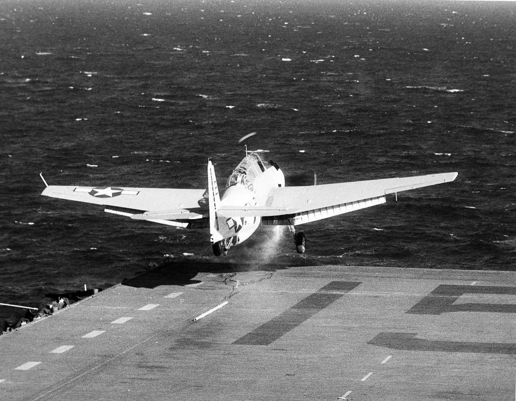 TBM-1C Avenger of VT-87 launching from the deck of the USS Randolph CV-15 in the Atlantic November 15, 1944