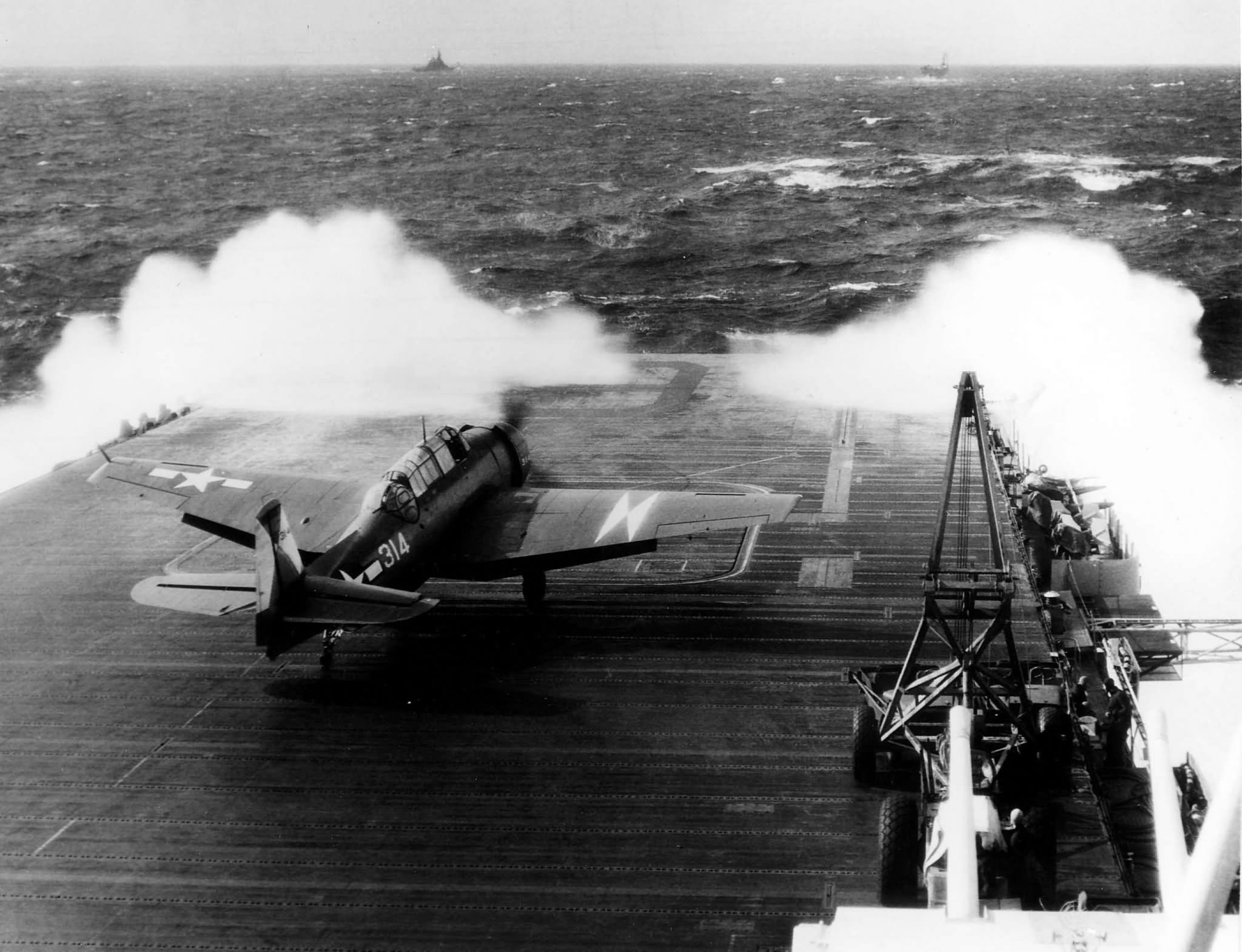 TBM-3 Avenger of the #314 of VT-4 launches from USS Essex CV-9 off Japan on February 22, 1945