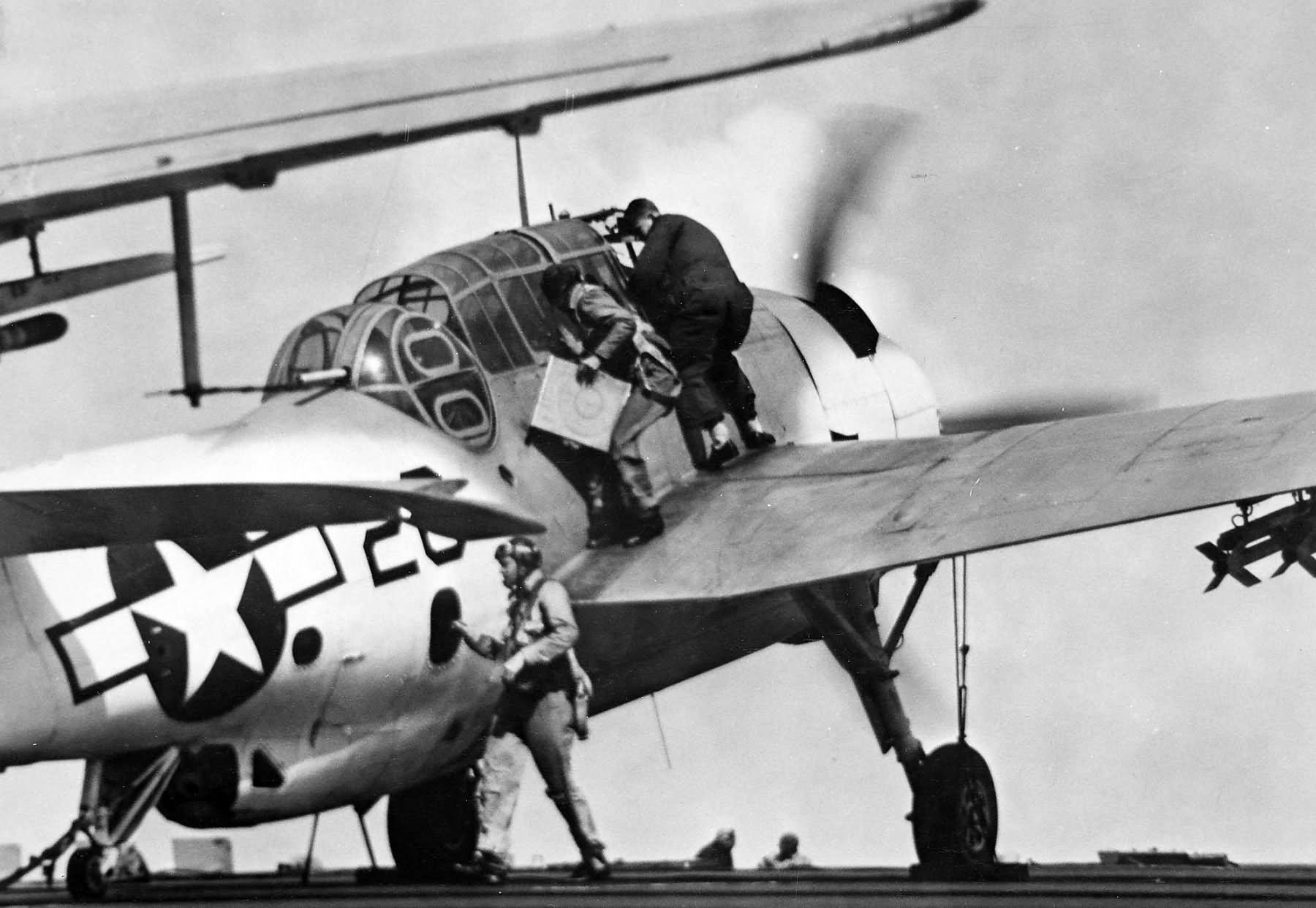 TBM Avenger of VC-69 on the flight deck of the USS Bogue CVE-9 1944