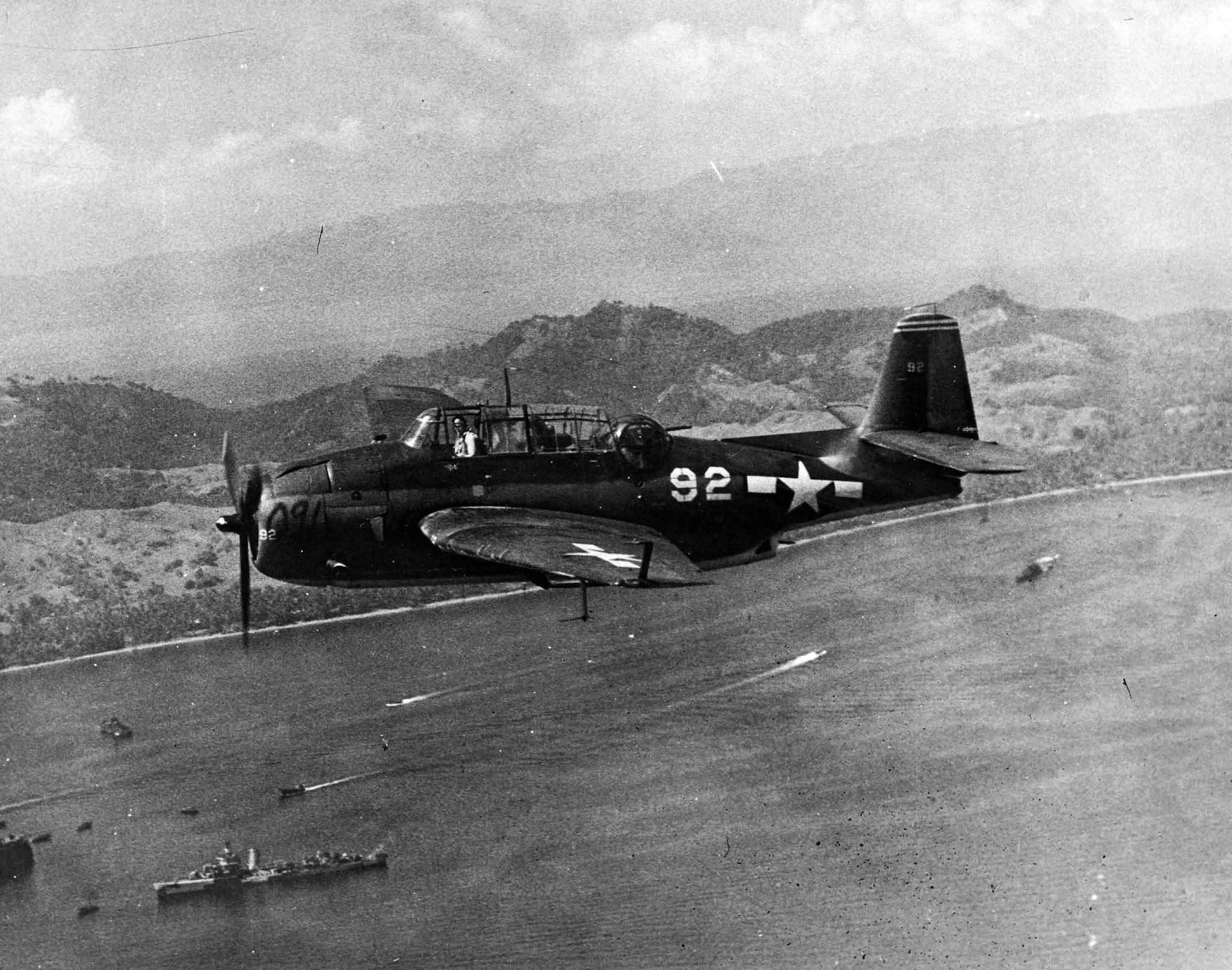 TBM Avenger #92 of the VT-26 USS Santee CVE-29 in flight on October 20 1944