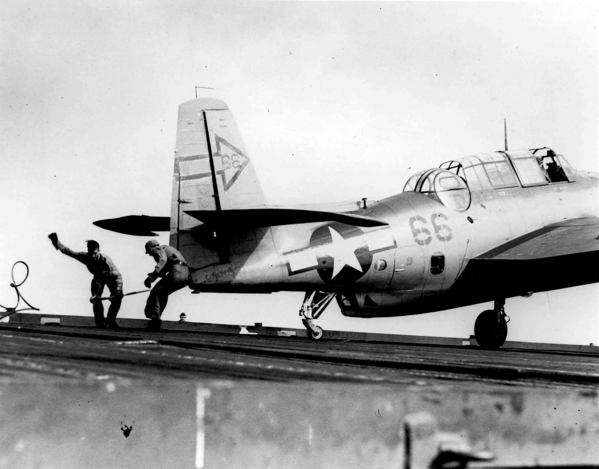 TBM Avenger #66 of the VT(N)-90 trapped on board the carrier USS Enterprise on March 8, 1945