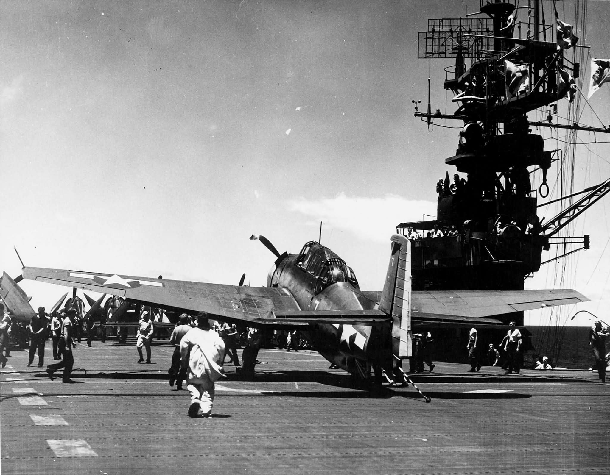 TBM Avenger of VT-31 pictured after recovering on the flight deck of the aircraft carrier Cabot (CVL-28) operating in the Pacific on July 11, 1944