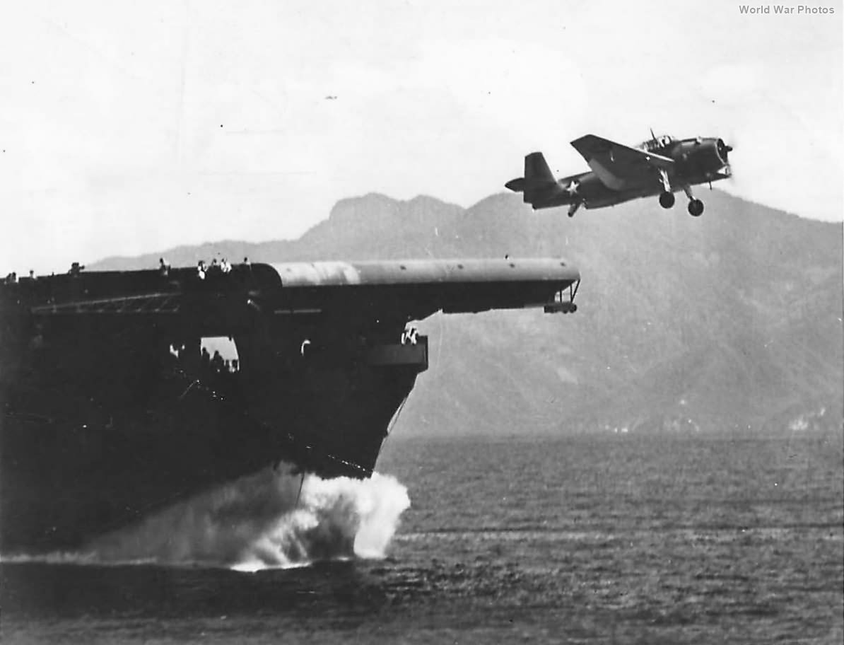 Avenger taking off from Essex-class carrier
