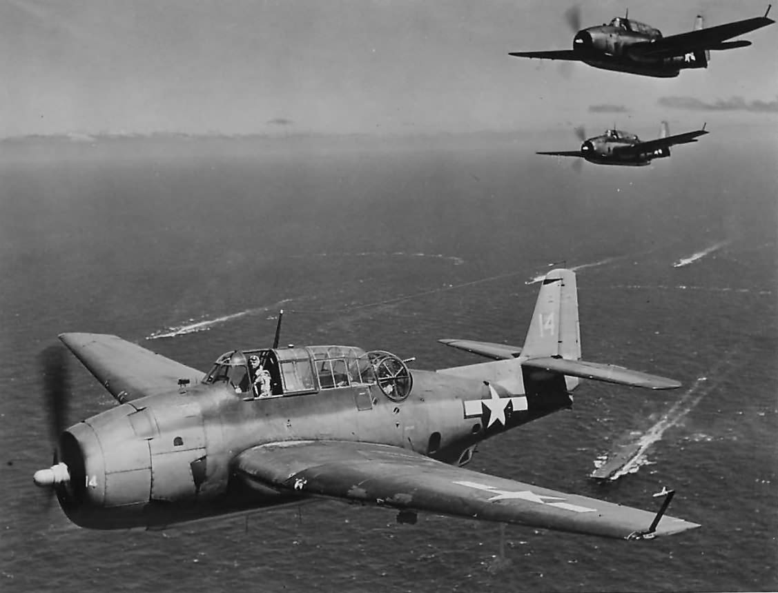 Avengers over carrier en route to raid on Japanese Bases 30 July 1944