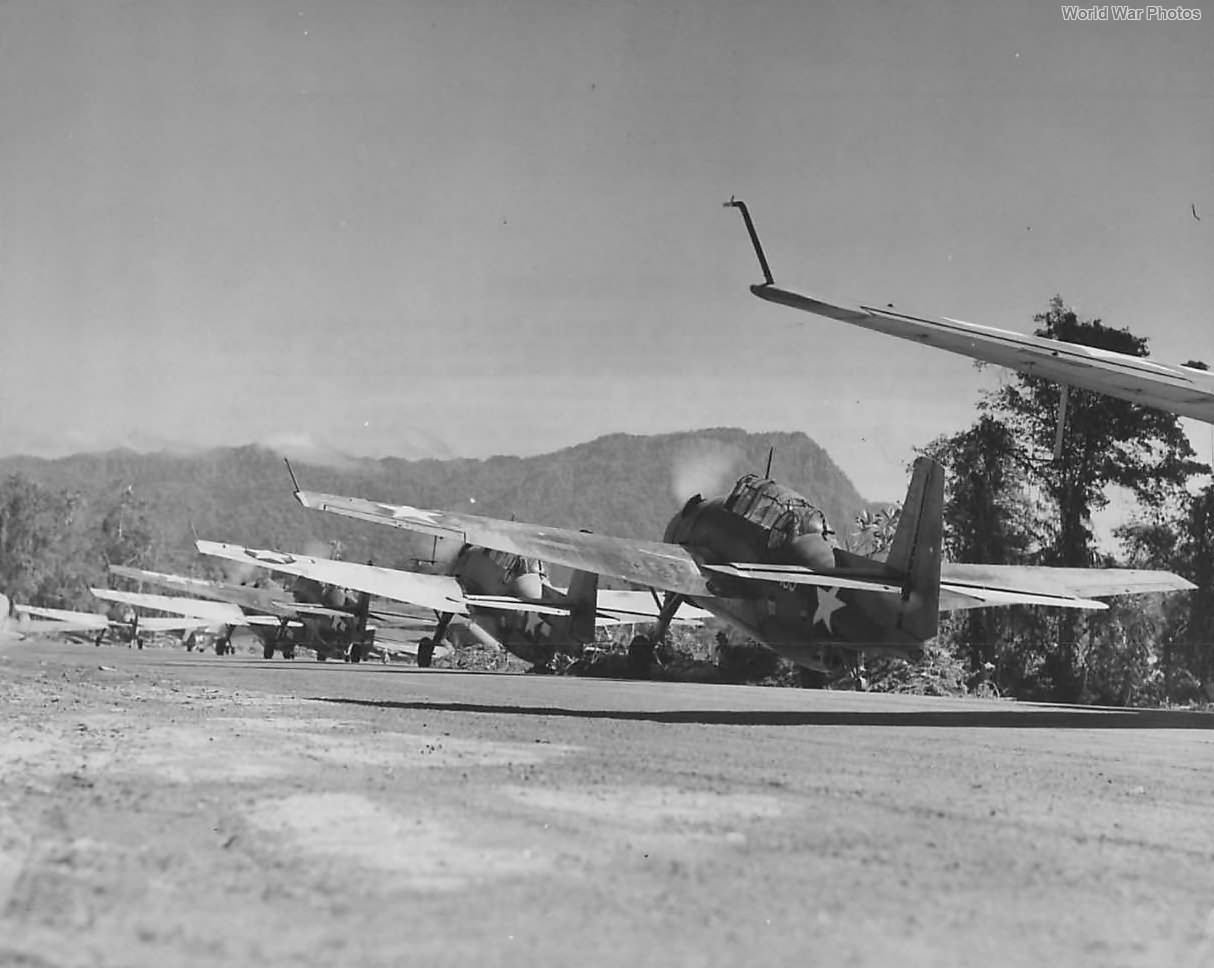 Marine Avengers taxi for take off at Piva Field Bougainville ’44