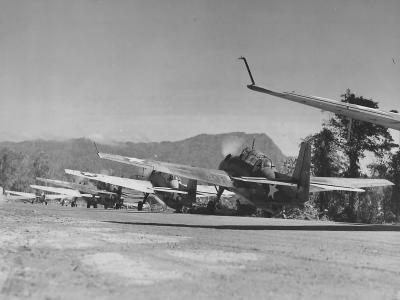 Marine Avengers taxi for take off at Piva Field Bougainville ’44