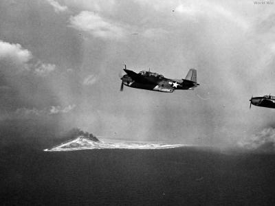 TBF from USS Yorktown approach burning Wake October 1943