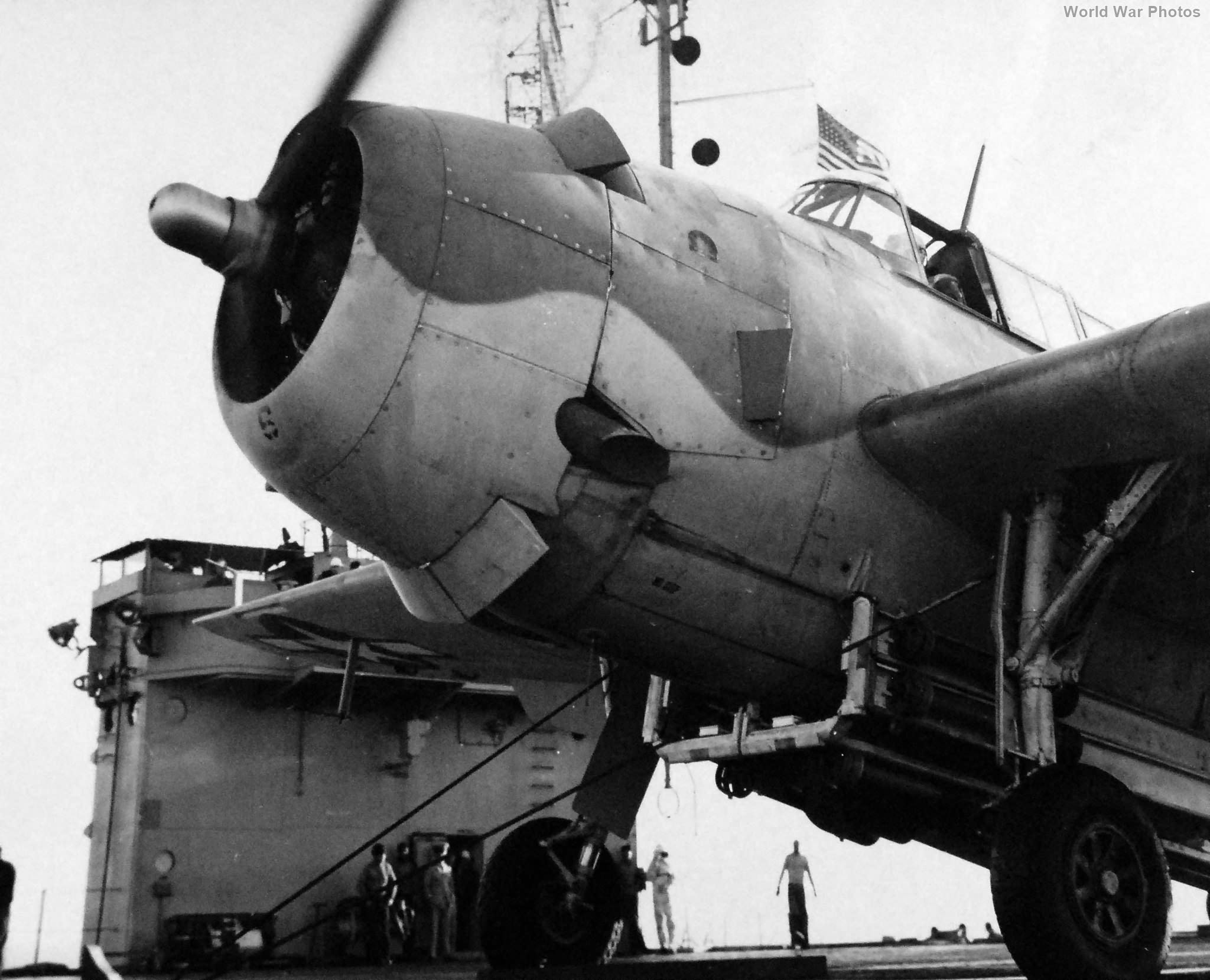 TBF with rocket bombs in rack ready to be catapulted from USS Mission Bay (CVE-59), 26 November 1943 3
