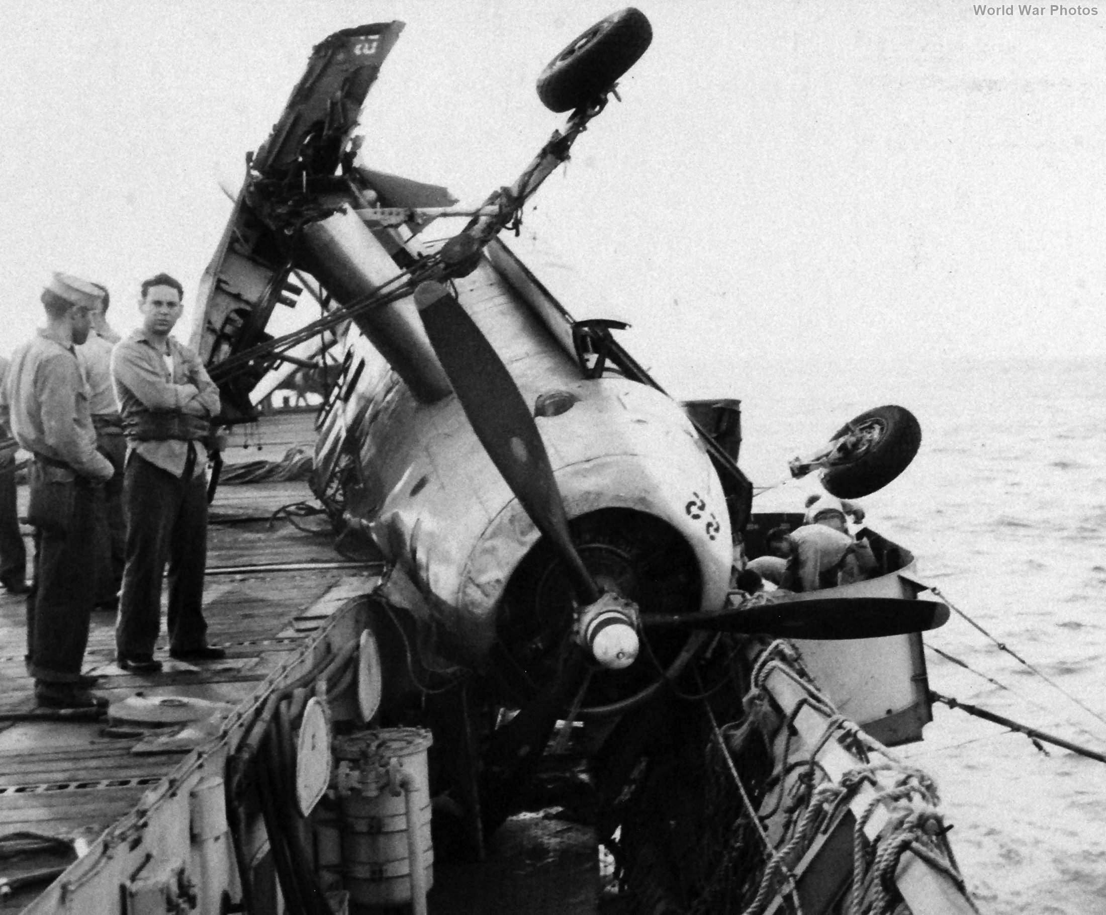 TBM damaged during the typhoon on board USS Anzio 17 December 1944 2