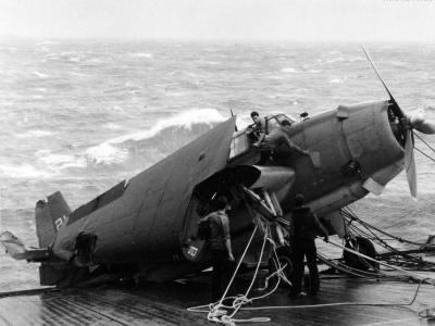 TBM damaged during the typhoon on board USS Anzio 17 December 1944