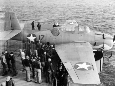 USS Card crash of TBF-1 over the side 8 December 1942