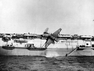 USS Card crash of a TBF over the side 9 August 1943