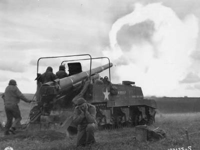 155 mm Gun Motor Carriage M12 firing in Belgium 1944
