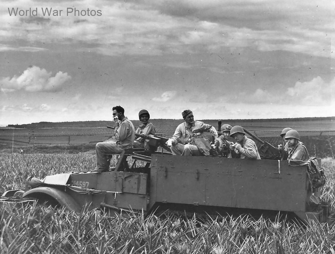 Troops in M2 in pineapple field during Hawaii Maneuvers ’42