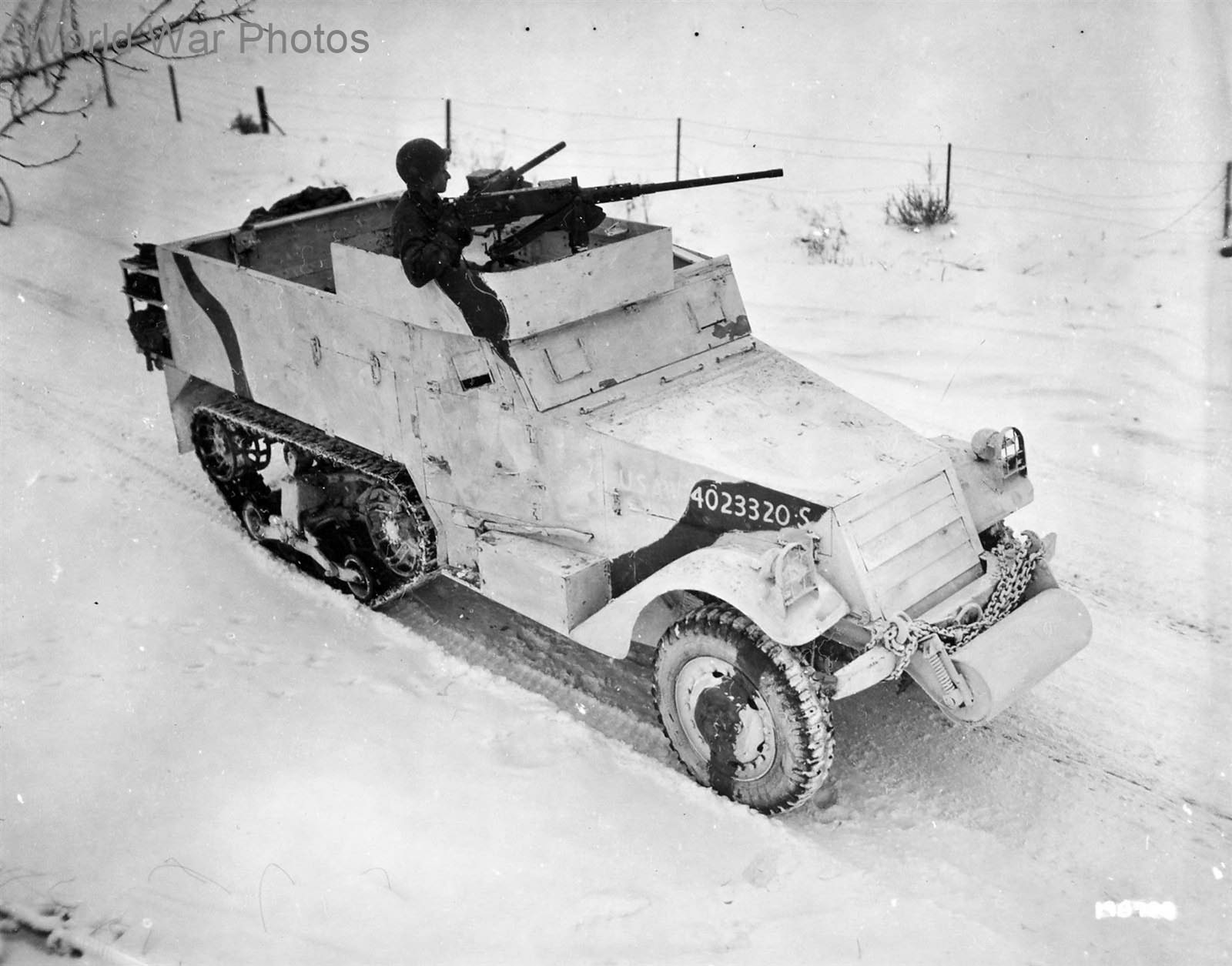 XX Corps HQ M2A1 in white camo Thionville, France 12 January 1945