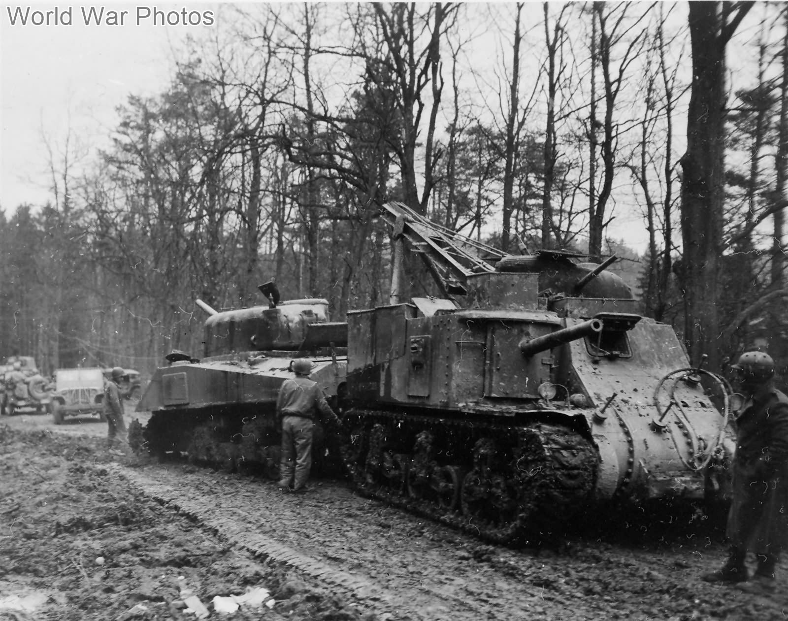 M31 of the 463rd Ordnance Battalion, 9th ID tows M4 in Groshau, 17 December 1944