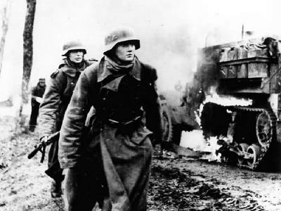 German Troops By burning US M3 Halftrack Battle of the Bulge