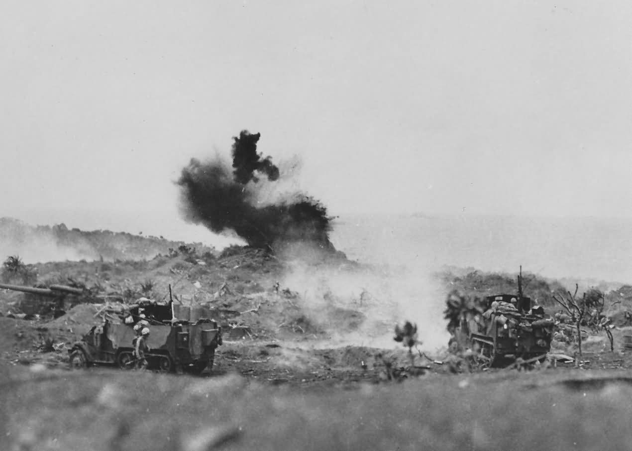 Marines 75 mm GMC M3 half track in action Iwo Jima 1945