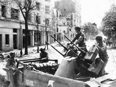 US Troops and M16 Gun Motor Carriage named Hitlers Hearse in Rennes France