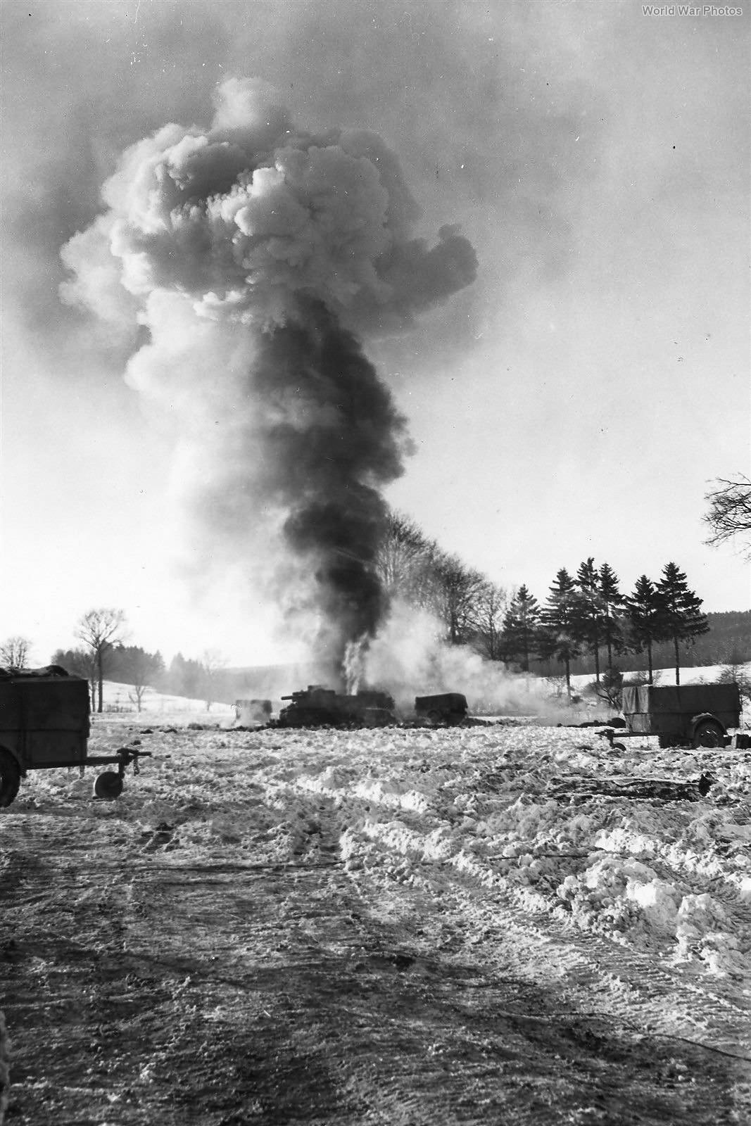 M7 from 3rd Armored Division takes counter-battery hit Bulge 16 January 1945