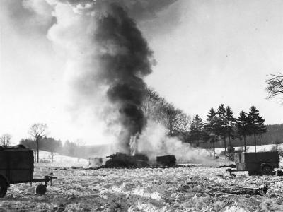 M7 from 3rd Armored Division takes counter-battery hit Bulge 16 January 1945