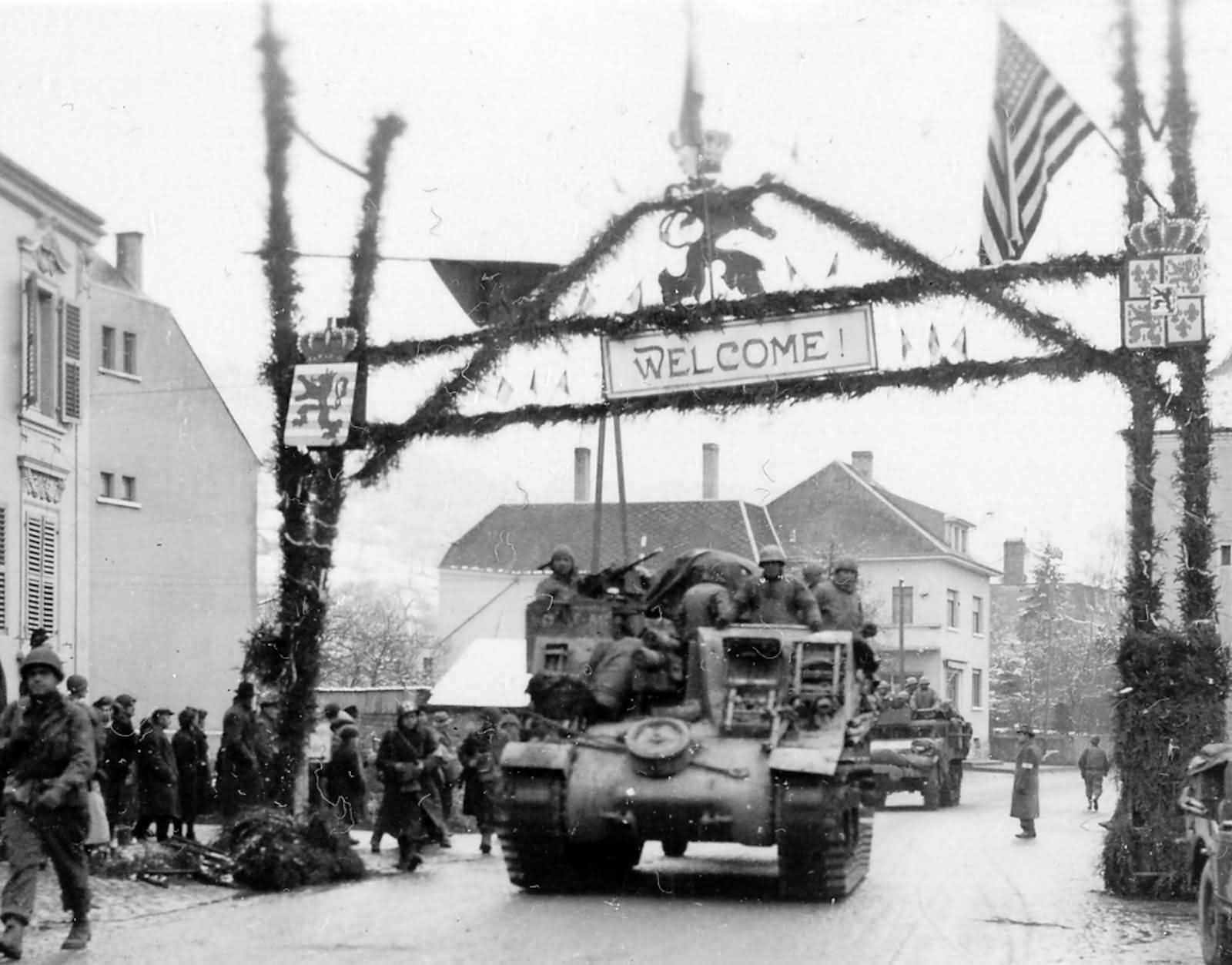 M7 Priest 105 mm Howitzer Motor Carriage Enters Luxembourg December 22 1944