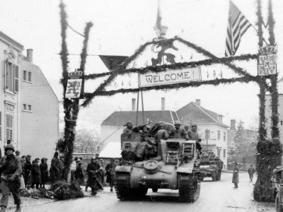 M7 Priest 105 mm Howitzer Motor Carriage Enters Luxembourg December 22 1944
