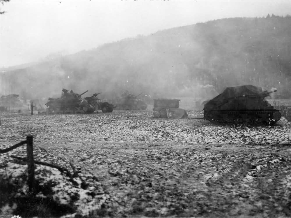 M7 Priest in action, 3rd Armored Division Germany January 1945