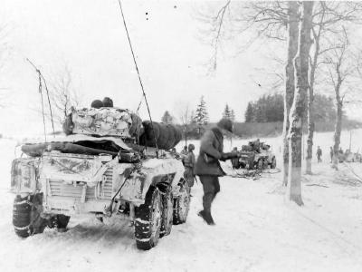 GI’s dismount M8 Armored car and jeeps Mechelau Luxembourg 3rd Army 1945
