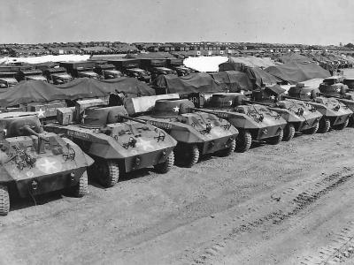 M8 Armored Vehicles Await Invasion at Ordnance Depot in England 1944