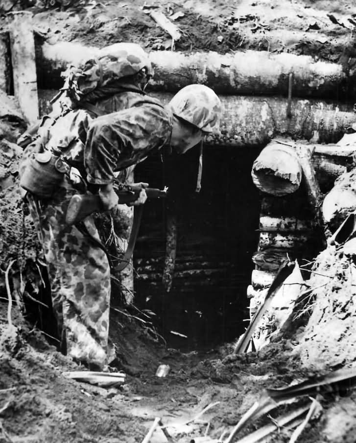 Marines Searches Japanese Pillbox on Bougainville 1943