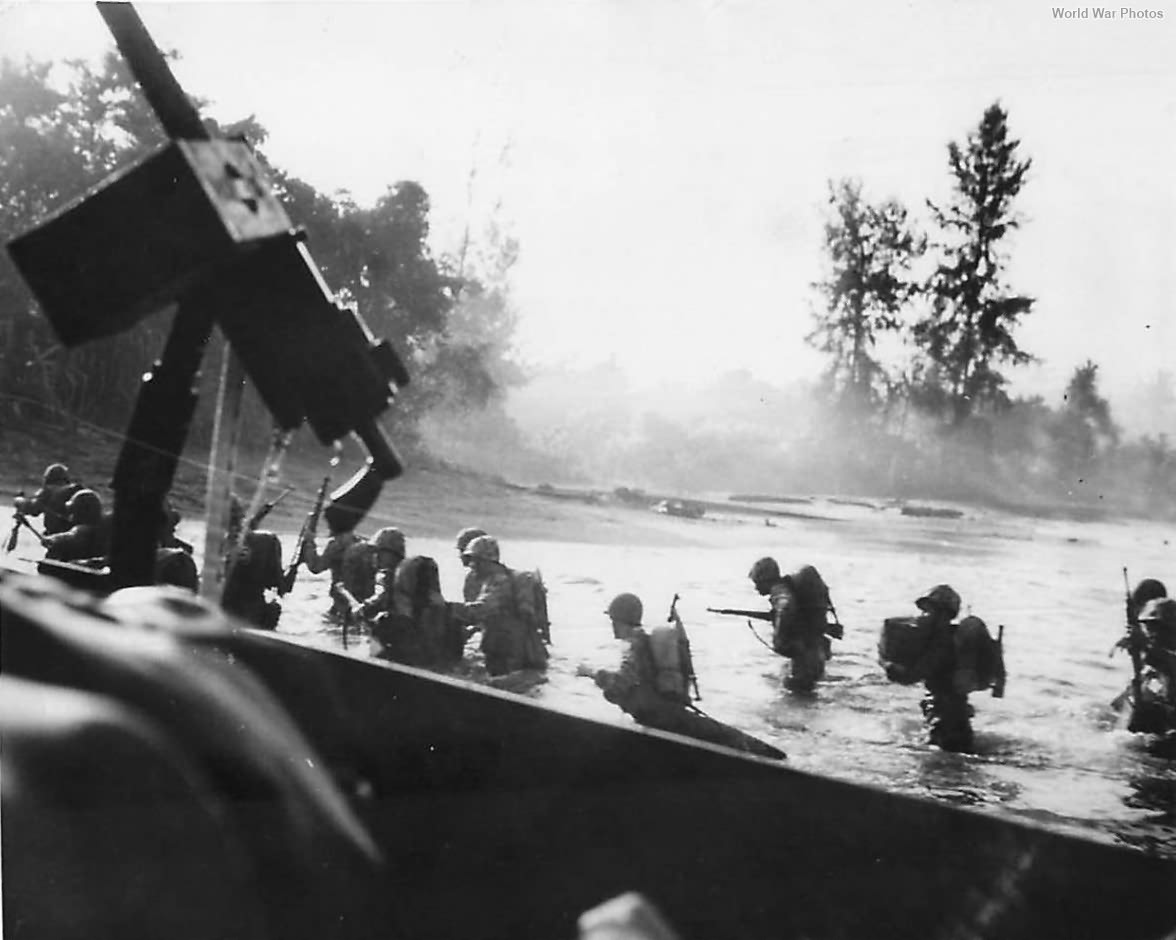 Marines wading ashore on D-Day at Bougainville