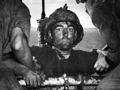 Marine boards transport after two days of Battle on Eniwetok