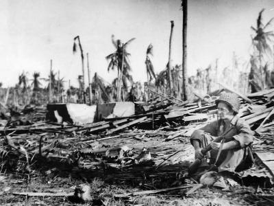 Soldier on Guard Duty Amid Ruins on Eniwetok 1944