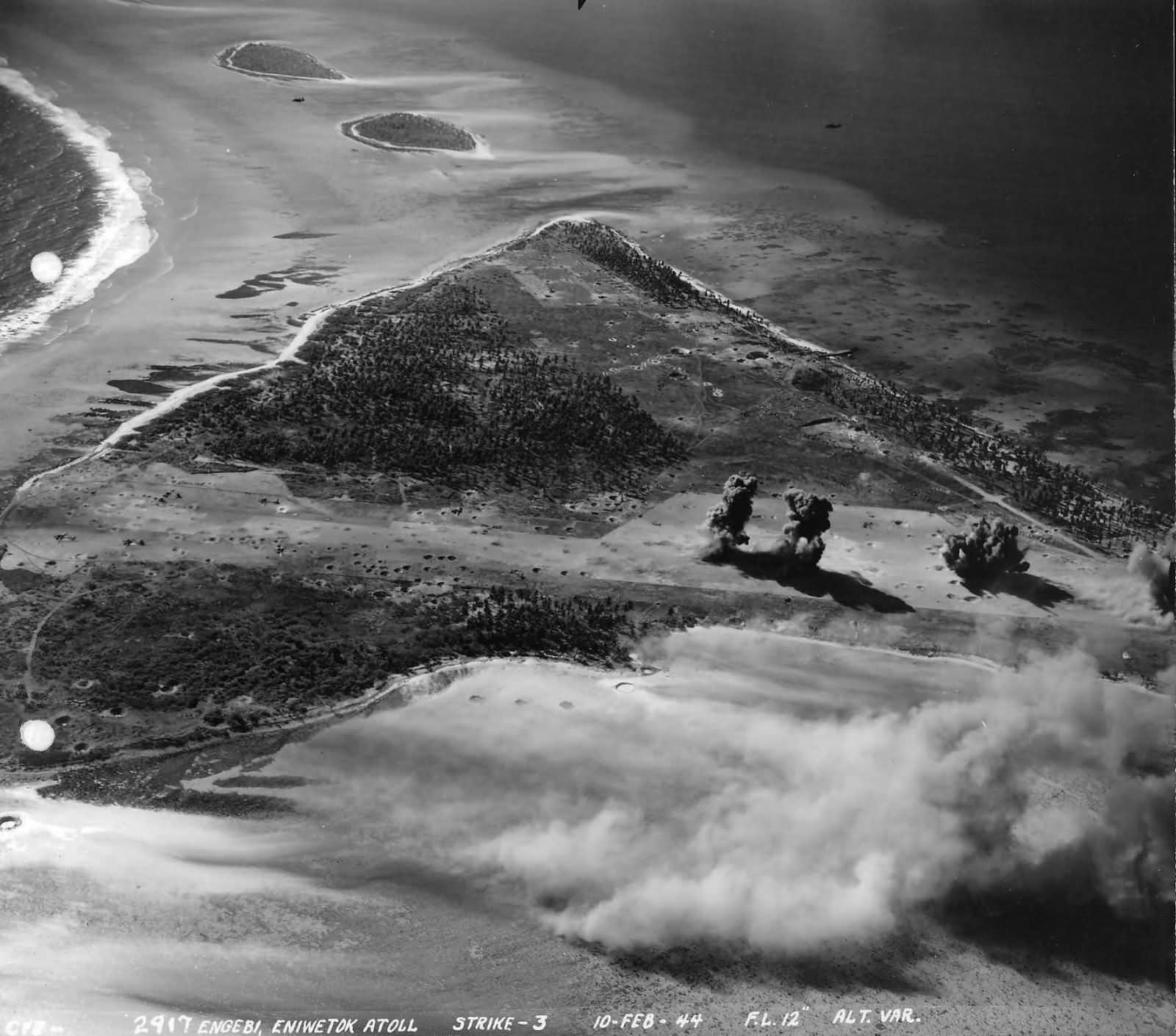 Strike photograph taken over Engebi Eniwetok Atoll from an F6F Hellcat from VF-12 in February 1944