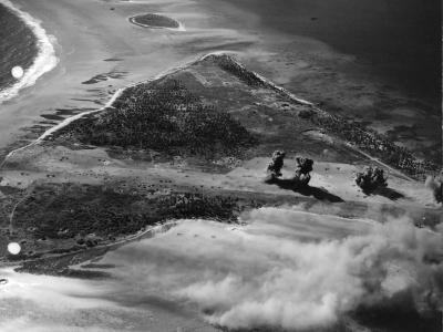 Strike photograph taken over Engebi Eniwetok Atoll from an F6F Hellcat from VF-12 in February 1944