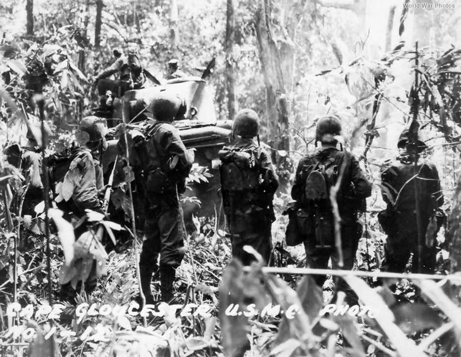 Marines and Sherman advancing on Cape Gloucester