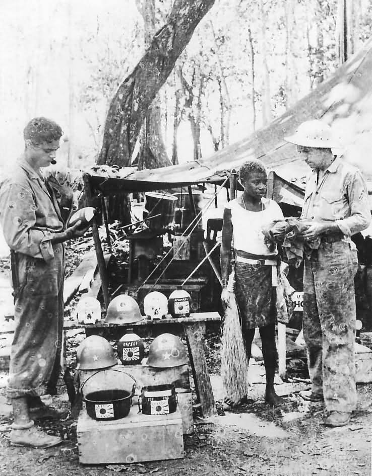 Marine Sells Japanese Items in Souvenir Shop on Guadalcanal