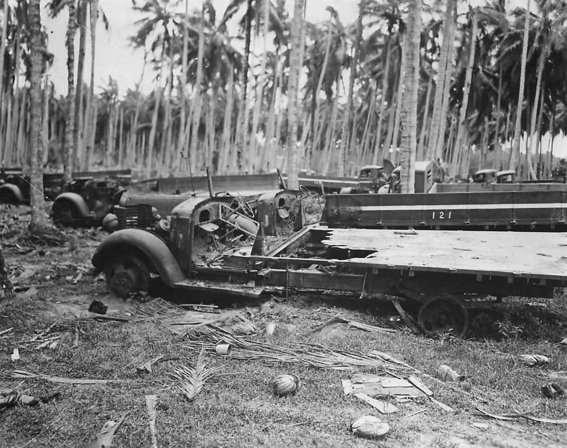 Ruins of Japanese trucks after US bombardment of Guadalcanal 1942