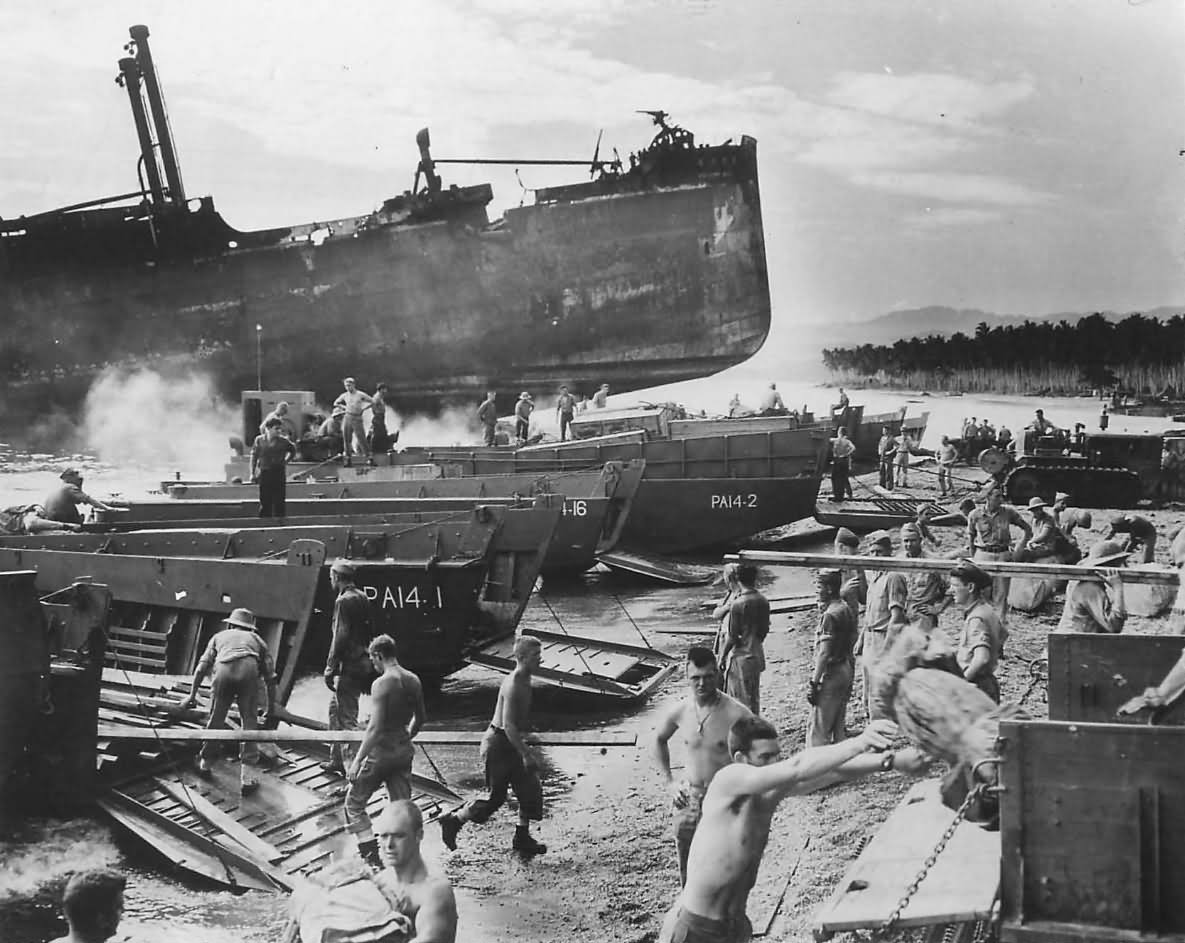 Troops on Beach by Wrecked Kinugawa Maru on Guadalcanal 1943