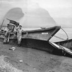 Troops Inspect captured Japanese barge on Guadalcanal 1942
