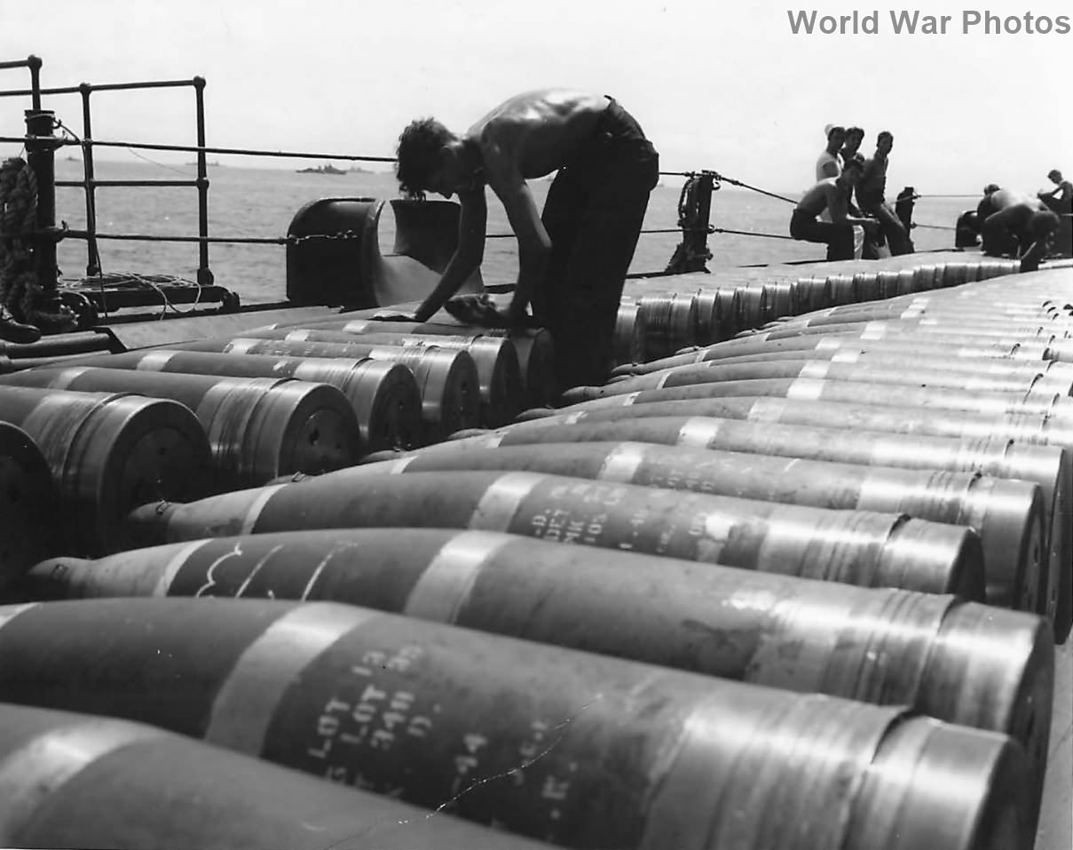 14-Inch shells on deck of battleship for barrage on Guam