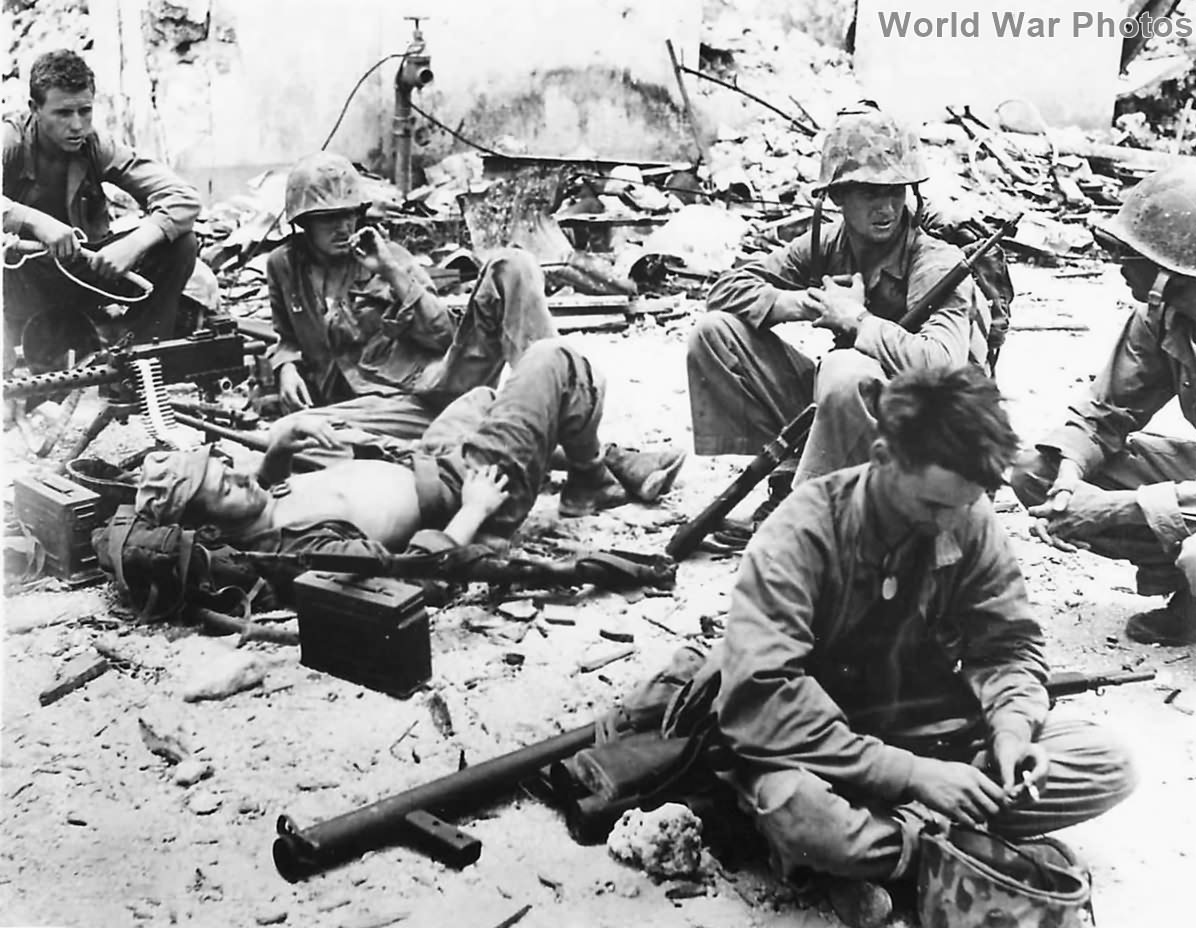 3rd Marine Division gun crew rests at Agana 1944