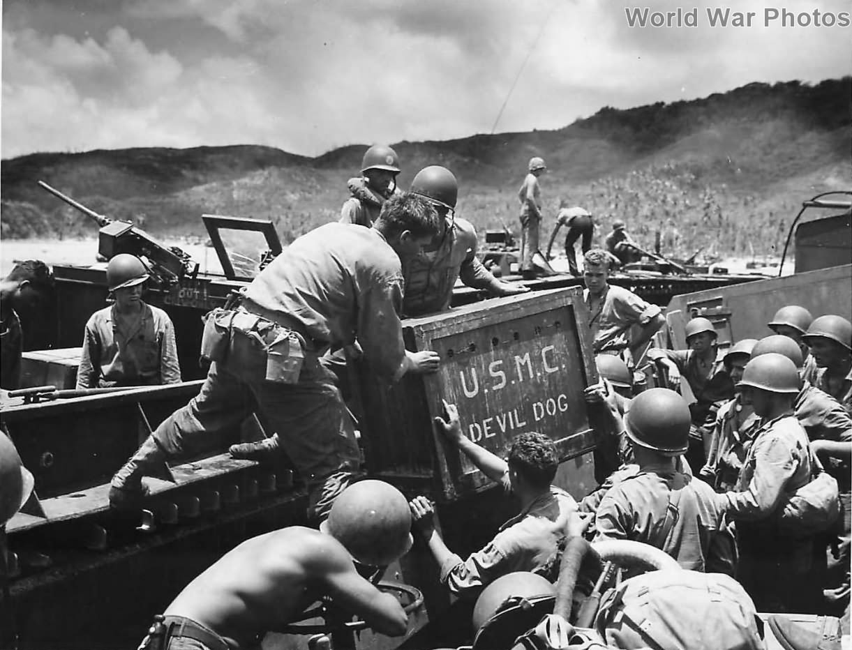 Marines and Coast Guardsmen move boxed Devil Dog on Guam