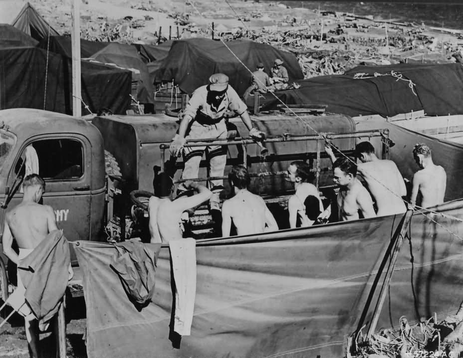 Gis Take Shower Bath Iwo Jima March, 1945