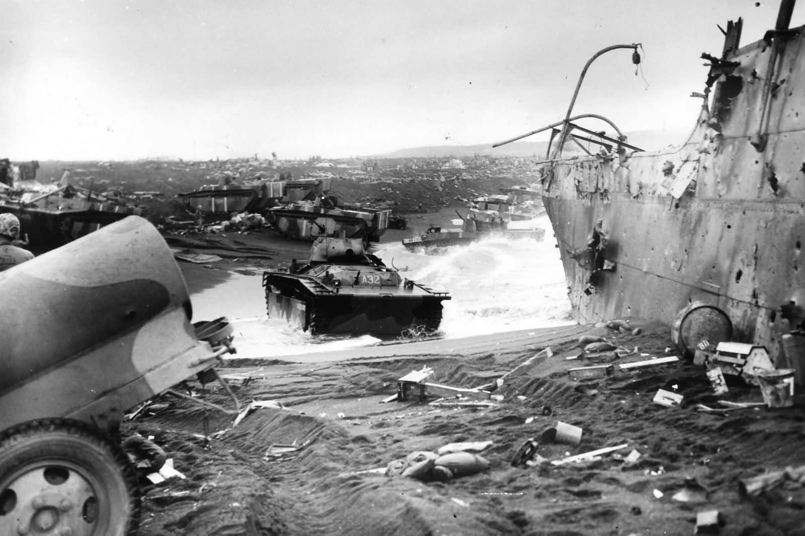 Marine Amphibious LVT Amtracs on Iwo Jima beach 1945