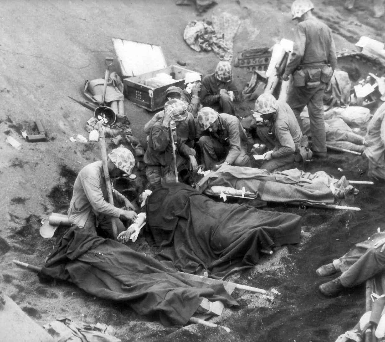 Marine Corpsmen treat wounded Beach Iwo Jima 1945