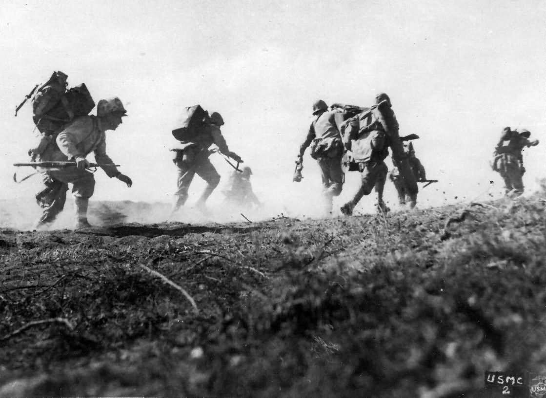 Marines Charge Under Japanese Fire Iwo Jima Beach