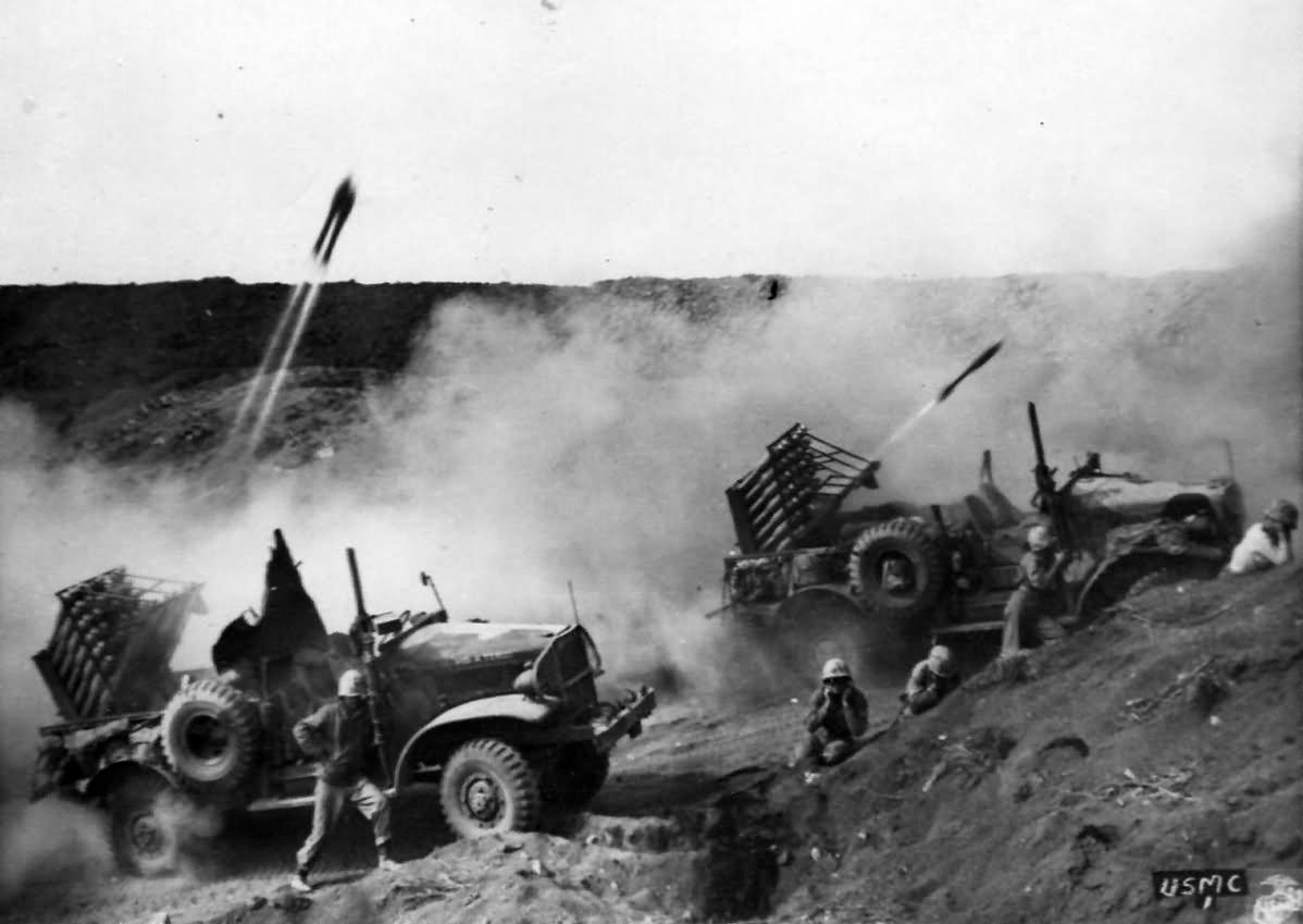Marines Fire Rocket Launcher Trucks On Iwo Jima