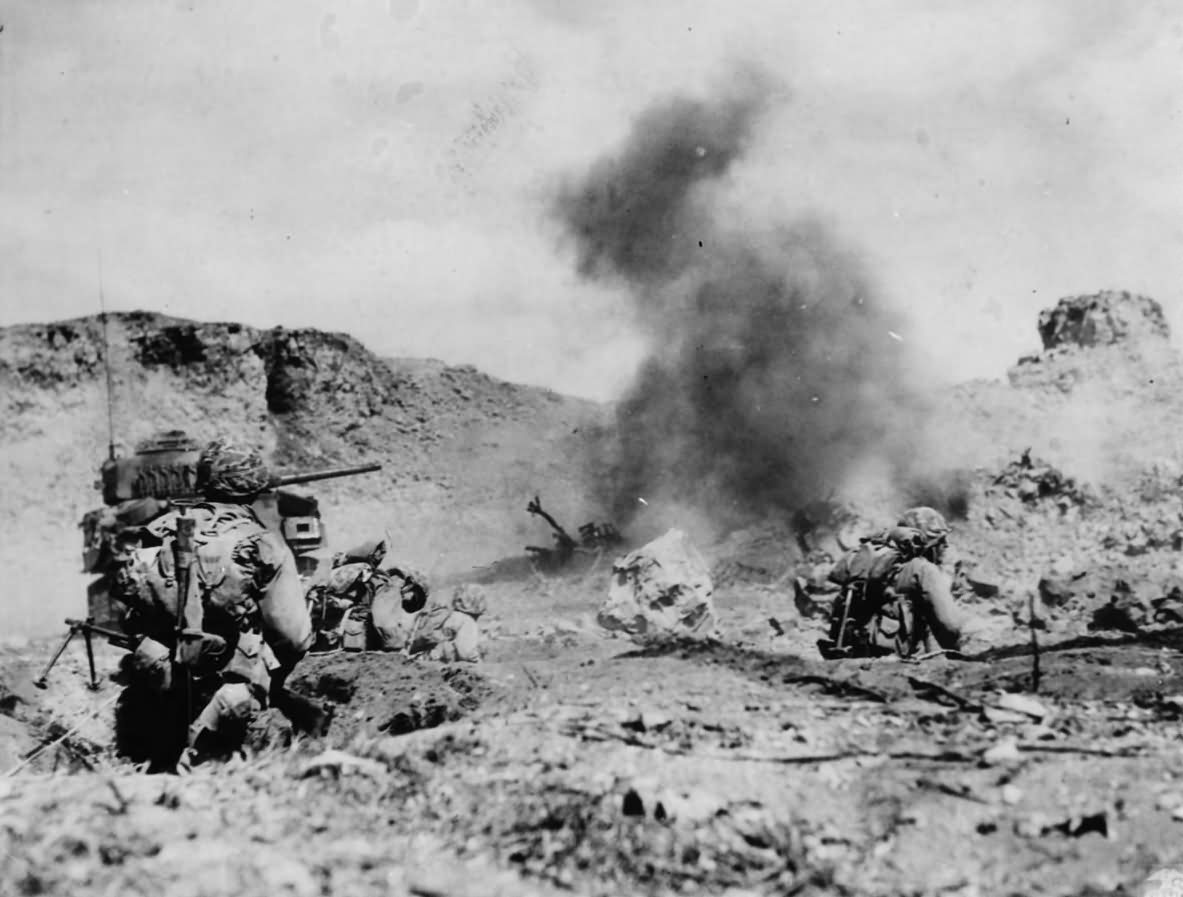 Marines and Sherman Attack Japanese Position on Northern Iwo Jima